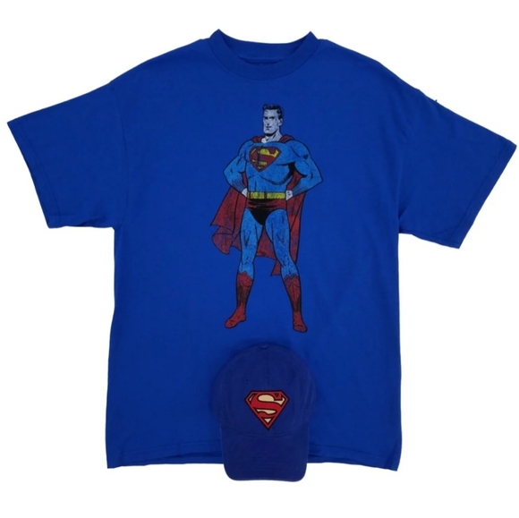 Superman T-Shirt & Hat Baseball Cap NEW Old Stock Size LARGE D C COMICS Blue Red - Picture 1 of 7